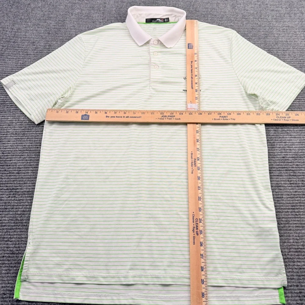 RLX Ralph Lauren Polo Shirt Mens Large Lime Green White Stripped‎ Golf US Open
